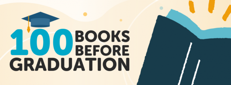 100 books before graduation with graduation hats in the air and a book