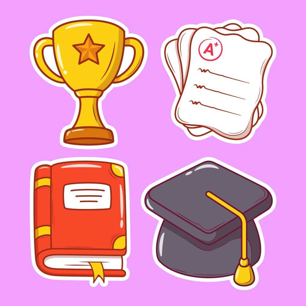 assorted championship cup trophy, a+ graded papers, a book, and a graduation cap