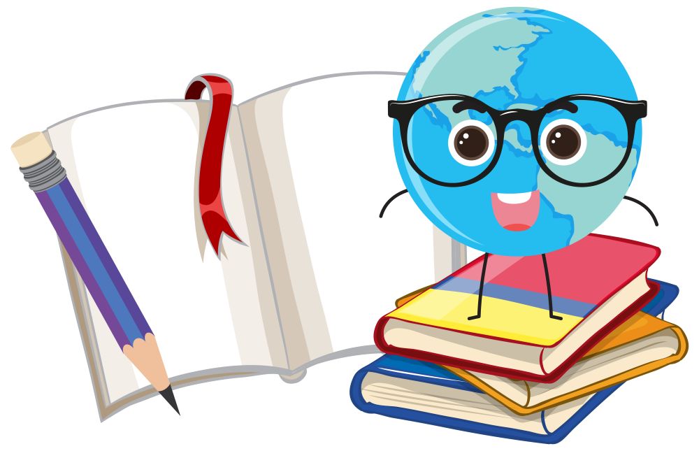 earth globe figure with glasses on top of stack of books