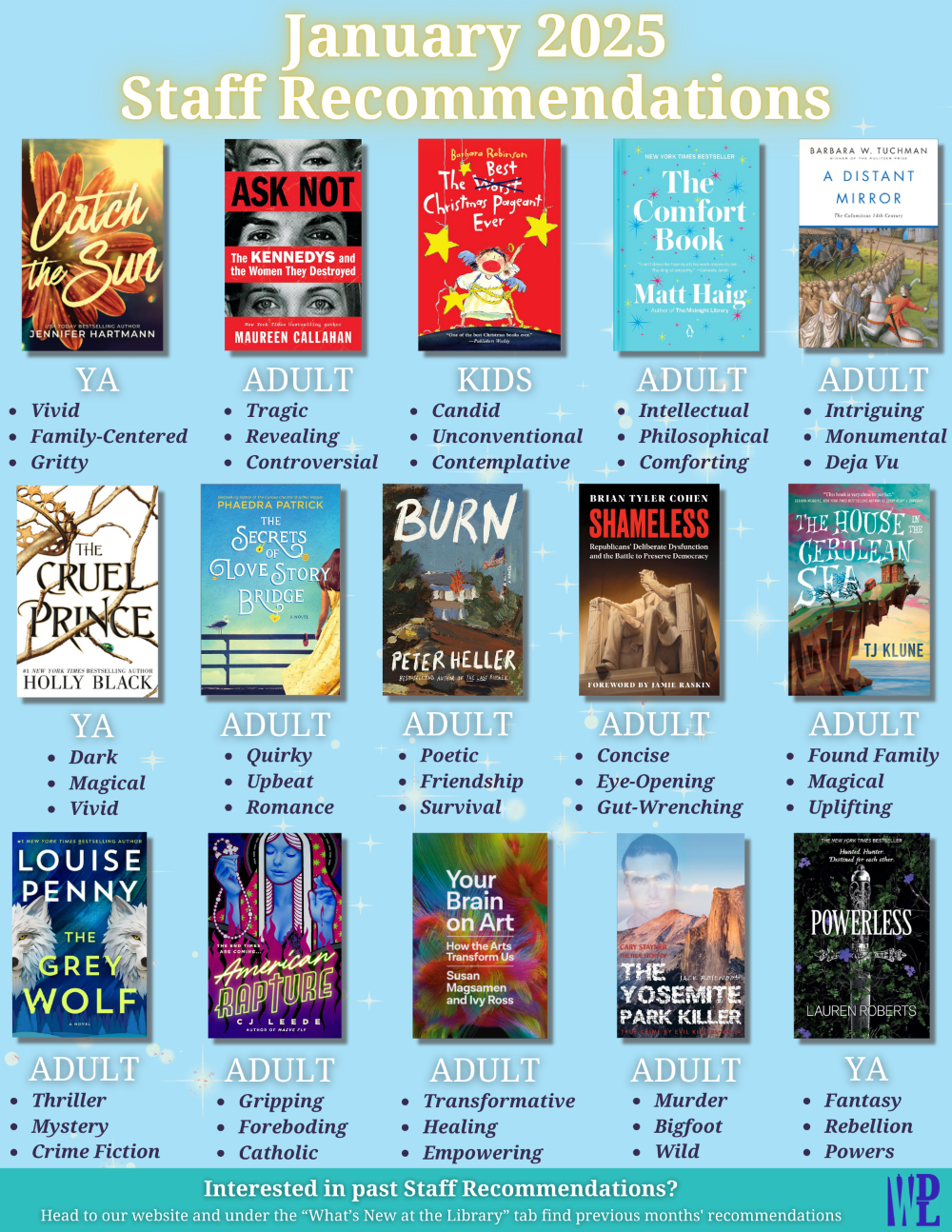 January 2025 staff recommendations poster — see below for full list of book titles and categories.