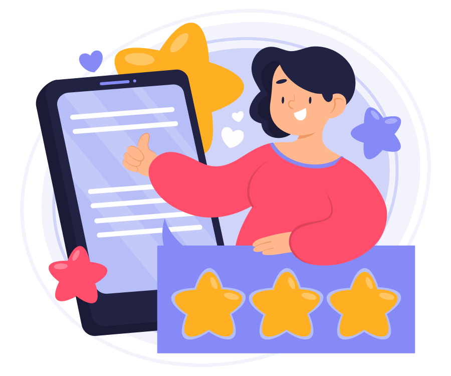 woman giving thumbs up and 3 starts on a feedback form