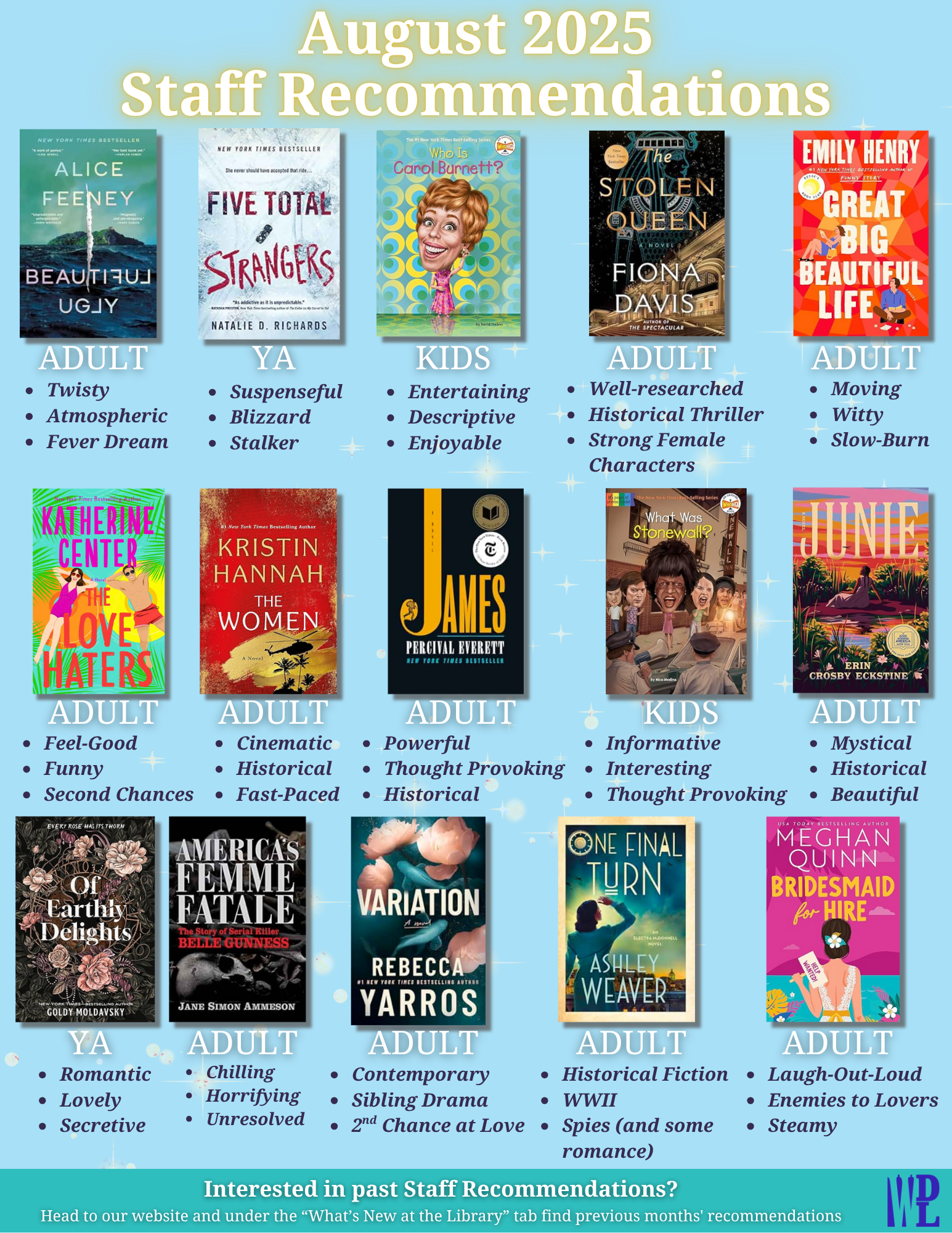 August 2025 staff recommendations poster — see below for full list of book titles and categories.
