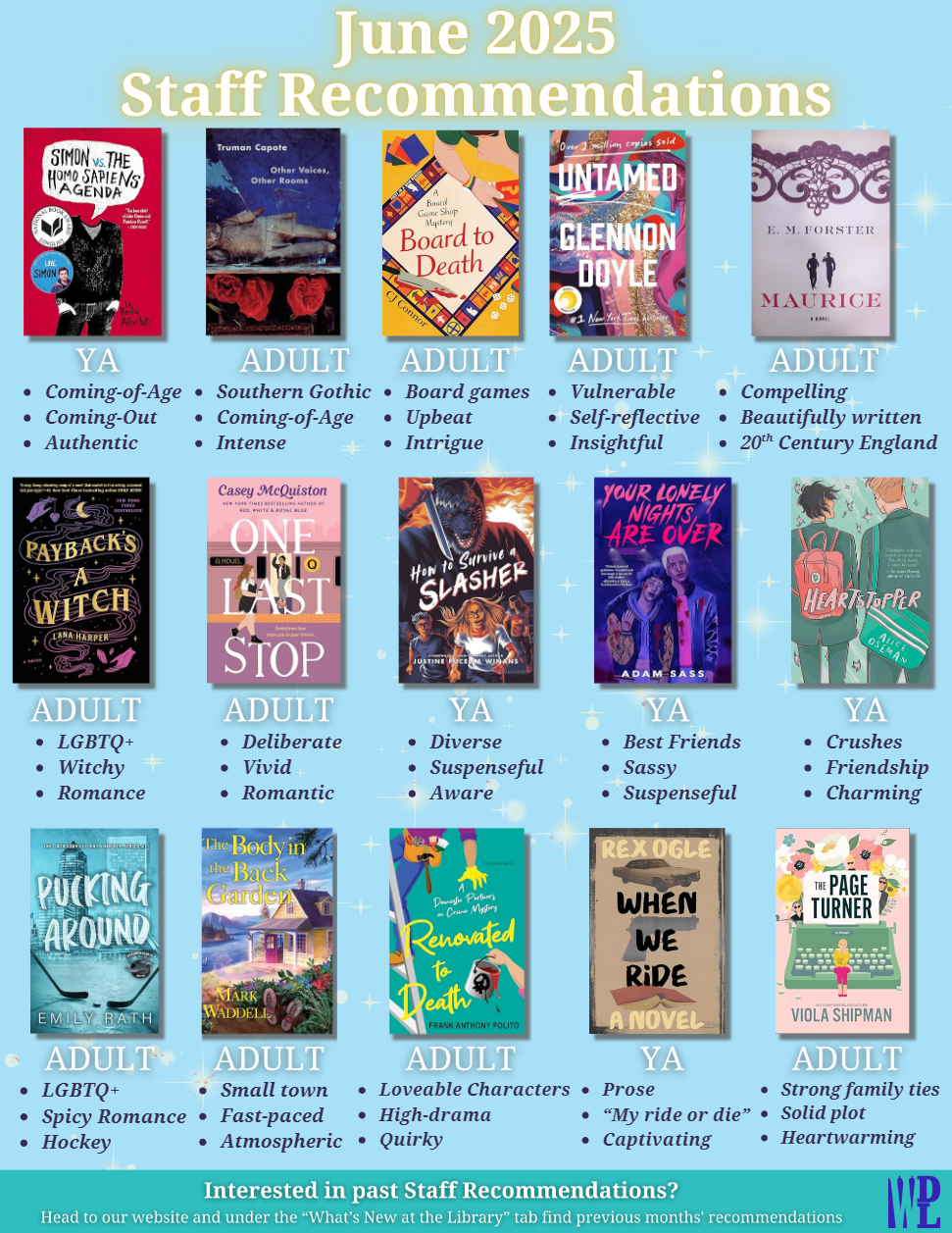 June 2025 staff recommendations poster — see below for full list of book titles and categories.