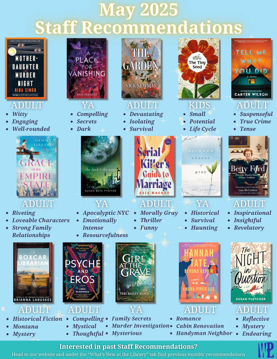 May 2025 staff recommendations poster — see below for full list of book titles and categories.