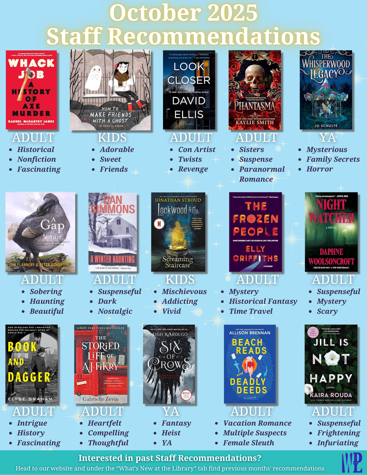 October 2025 staff recommendations poster — see below for full list of book titles and categories.