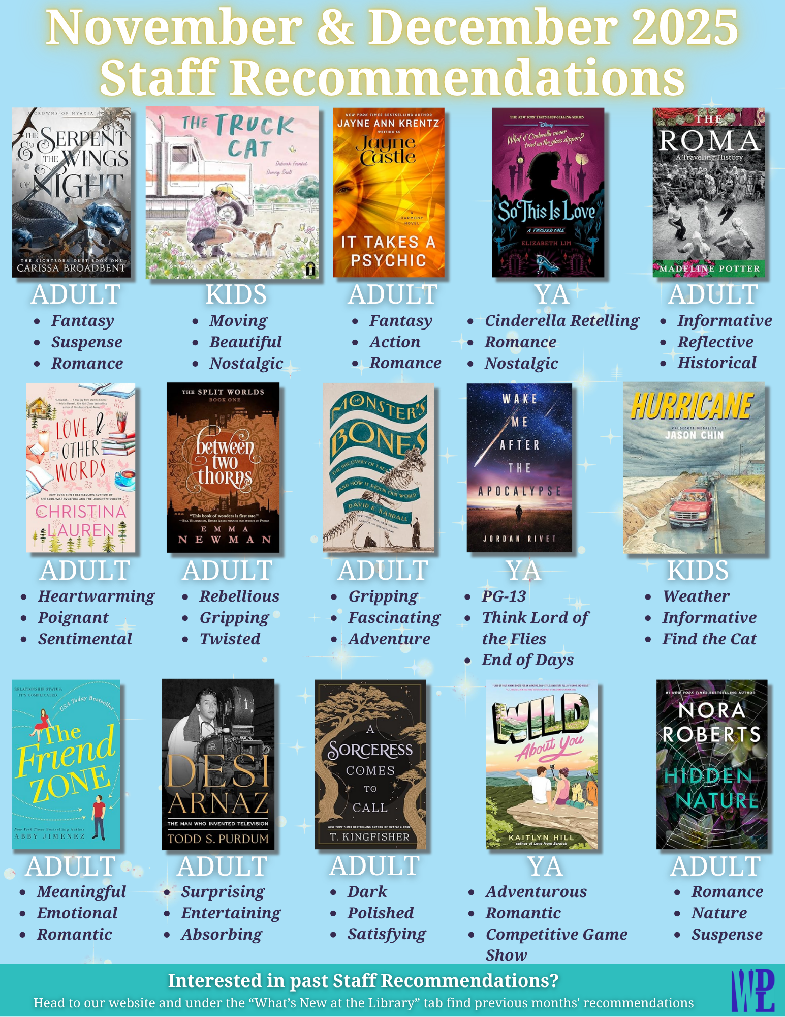November and December 2025 staff picks for Adult, YA, and Kids books featuring thrillers, romances, history, and thought-provoking reads.
