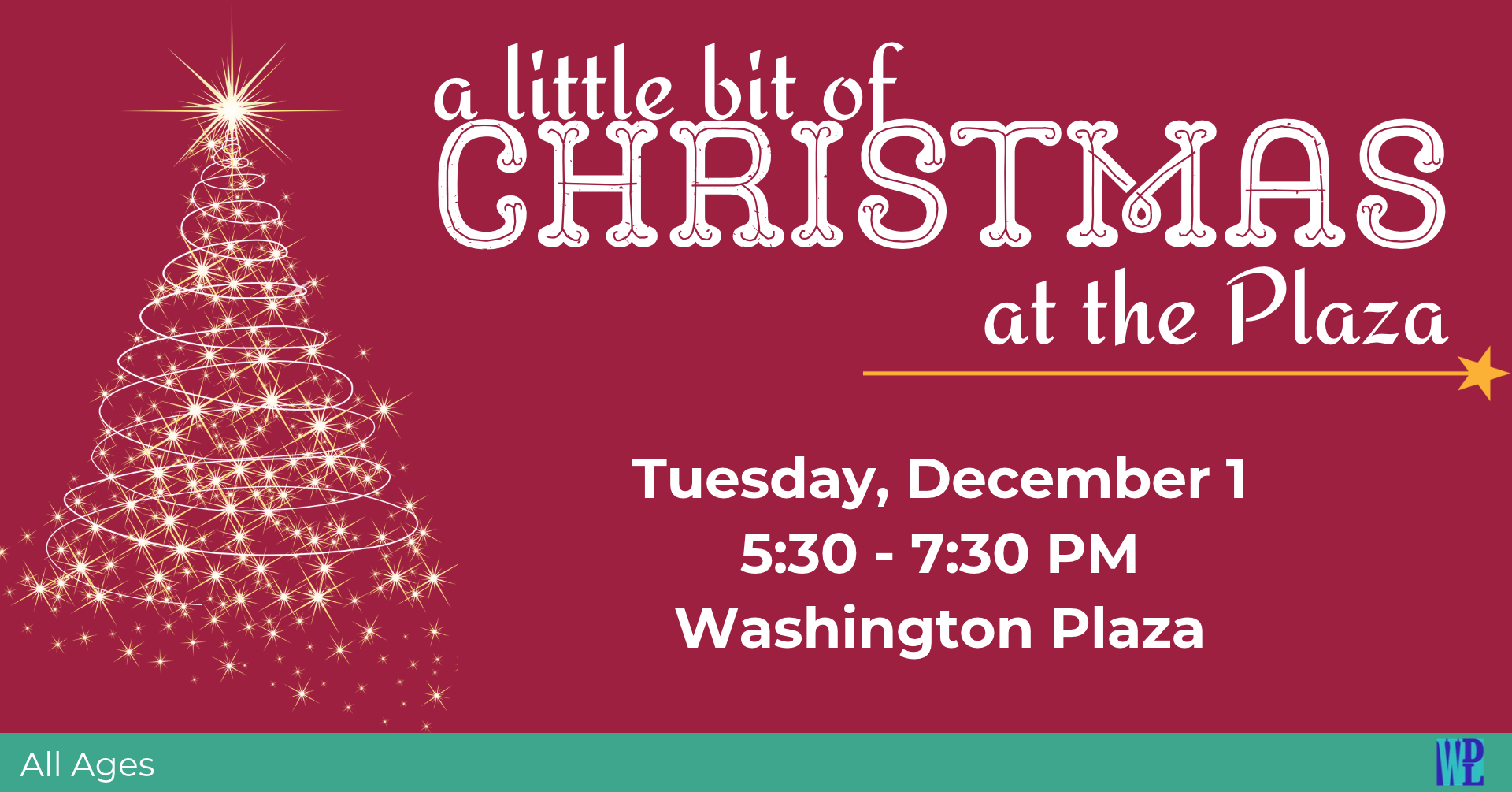 Event poster with a Christmas tree made of lights on a red background. Click image for more details.