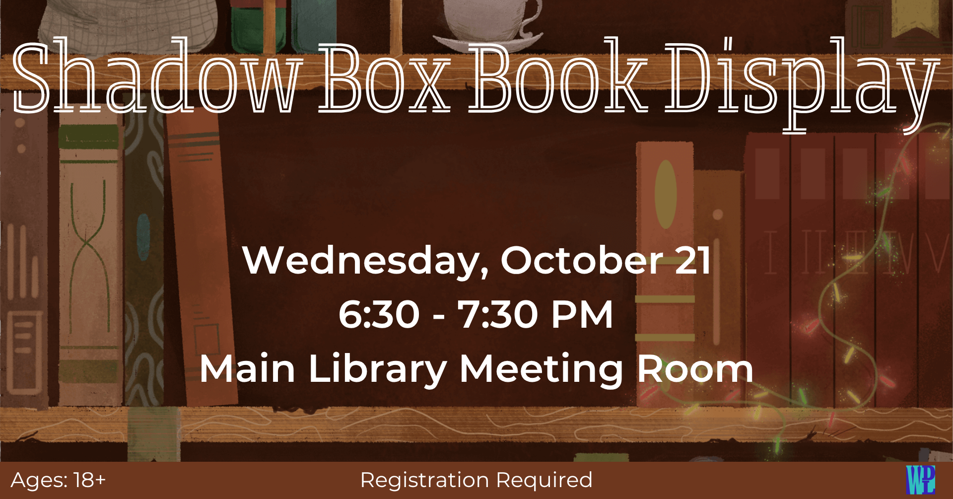 Event info displayed on a bookshelf background. Click the image for more detail.
